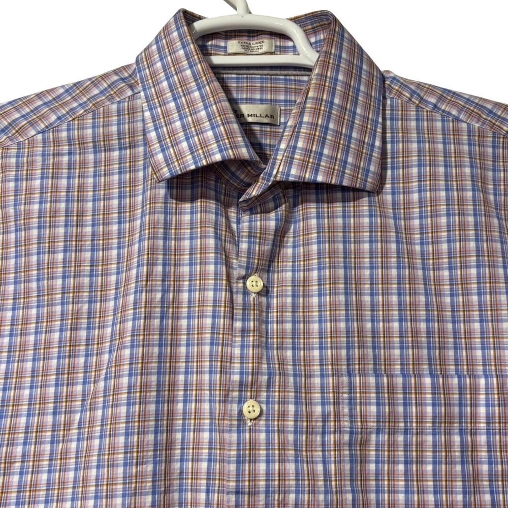 Peter Millar Mens XL Button Down Shirt Blue Purple Orange Plaid 100% Cotton LS - Picture 1 of 6